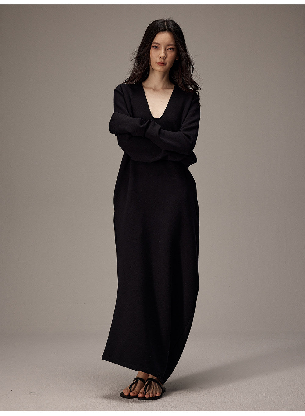 Deep U Neck Long Knit Dress
