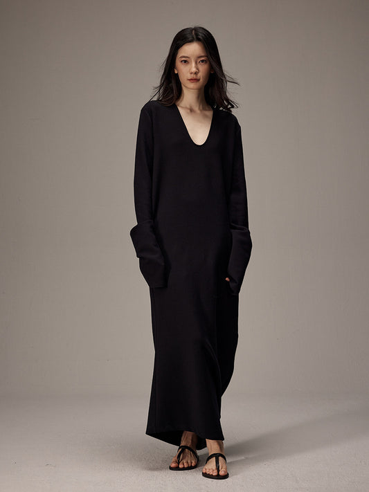 Deep U Neck Long Knit Dress