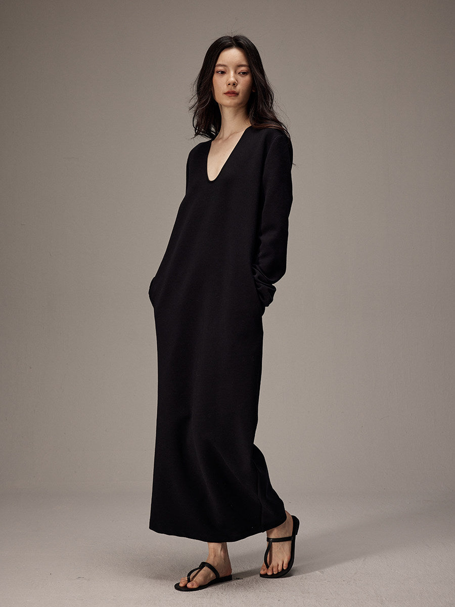 Deep U Neck Long Knit Dress